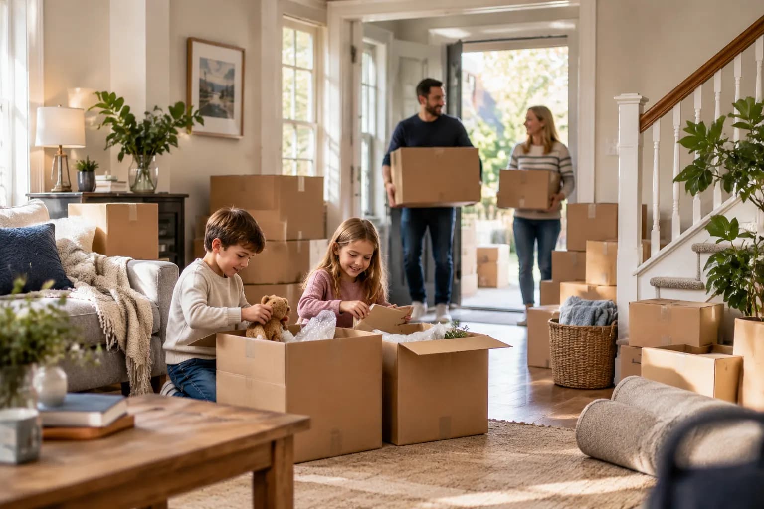 Movers handling boxes and furniture inside a home on moving day